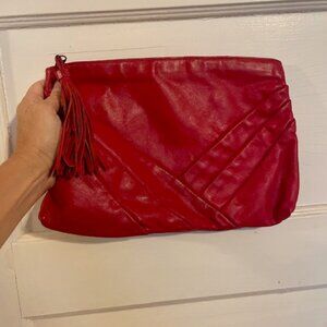 Vintage Clutch Red Leather Purse w/ Tassle 1980s